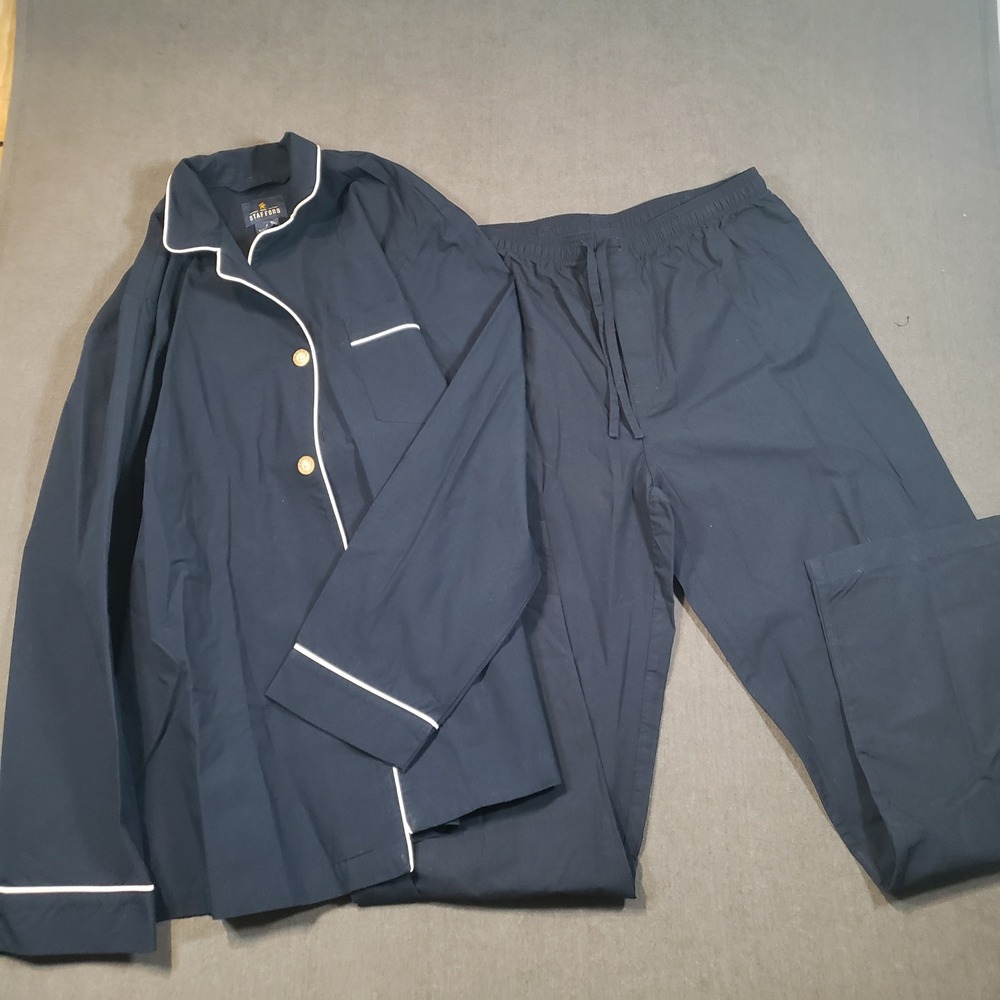 Stafford Pajama Set Mens M Navy Blue Cotton Modal Blend White Piping Sleepwear